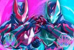  2boys \m/ blue_armor blue_background demon demon_boy demon_tail fighting_stance giffard_rex giffard_rex_vistamp gloves honeycomb_(pattern) kamen_rider kamen_rider_revi kamen_rider_revice kamen_rider_ultimate_revi kamen_rider_ultimate_vice kamen_rider_vice looking_at_viewer miyabi_(037) multicolored_clothes multicolored_gloves multiple_boys pink_background sharp_teeth tail teeth two-tone_background visor visor_(armor) 