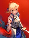  1girl ahoge armor armored_dress artoria_pendragon_(fate) bleeding blonde_hair blood blood_on_face blue_ribbon braid excalibur_(fate/stay_night) fate/stay_night fate_(series) french_braid gauntlets green_eyes hair_bun hair_ribbon highres holding holding_sword holding_weapon injury red_background ribbon saber solo sword torn_clothes ugo_(artist) weapon 