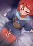  1girl amog arezu_(pokemon) blue_jacket blush closed_mouth collarbone cum cum_on_clothes from_above highres jacket long_sleeves looking_at_viewer pantyhose pokemon pokemon_(game) pokemon_legends:_arceus red_eyes red_hair red_legwear short_hair smile solo 