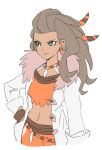  1girl brown_hair closed_mouth coat commentary_request dede_(qwea_00000) earrings eyelashes fur-trimmed_coat fur_trim green_eyes hair_ornament hand_on_hip jewelry korean_commentary long_hair necklace open_clothes open_coat orange_shirt pokemon pokemon_(game) pokemon_sv sada_(pokemon) shirt simple_background smile solo white_background white_coat 