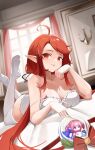  1girl :p absurdres ahoge ass bandaid bandaid_on_face bare_shoulders bed_sheet berserker_r breasts camisole cleavage closed_mouth collarbone elf feet_up highres indoors large_breasts looking_at_viewer lying on_bed on_stomach original pointy_ears red_eyes red_hair smile snow_globe solo strap_slip thighhighs tongue tongue_out white_legwear window 