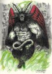  2017 anthro balls baphomet_(deity) beard bovid caprine caprine_demon cuneiform deity demon erection facial_hair fire genitals goat_demon hooves horn living_penis male mammal mane monster navel nipples nude pecs penis pentagram reptile scalie snake snake_penis solo tuskforce unusual_anatomy unusual_genitalia unusual_penis wings 