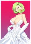  1girl absurdres bangs bare_shoulders blush bob_cut border breasts cleavage closed_mouth collarbone commentary_request cowboy_shot dress earrings elbow_gloves gardevoir gloves gradient gradient_background green_hair haembokeyo happy highres huge_breasts humanization jewelry korean_commentary looking_at_viewer mega_gardevoir mega_pokemon mixed-language_commentary navel outside_border pointy_ears pokemon purple_eyes red_background see-through short_hair simple_background smile solo standing strapless strapless_dress white_border white_dress white_gloves 