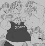  1_horn 5_fingers absurd_res anthro bedroom_eyes belly belly_fluff belly_tuft big_belly big_muscles black_and_white bust_portrait cheek_bulge chest_tuft eating english_text equid equine excited eyebrows fingers fist flexing flexing_both_biceps food_in_mouth glimmerstomp grey_background hair headshot_portrait hi_res horn long_hair male mammal monochrome motion_lines multicolored_hair multiple_images musclegut muscular muscular_anthro muscular_male narrowed_eyes navel one_eye_closed open_mouth overweight overweight_anthro overweight_male pecs portrait security seductive simple_background solo standing teeth text thebluebear27 tongue tuft unicorn waist_up 