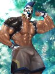  1boy abs absurdres another_eidos-r bara bare_pectorals biceps blue_eyes blurry blurry_background clenched_hands covered_face dark-skinned_male dark_skin day dyne_(another_eidos) fingerless_gloves flexing forest gloves glowing glowing_eyes hand_on_hip helmet highres kanji large_pectorals light light_rays looking_at_viewer male_focus manly mature_male muscular muscular_male nature outdoors pectorals pose sasagaki_w scar scar_on_arm scar_on_chest shirt short_sleeves shorts solo sparkle sweat sweatdrop thick_arms tight tree 