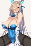  1girl animal_ears asuna_(blue_archive) bangs bare_shoulders black_legwear blue_archive blue_bow blue_bowtie blue_eyes blue_leotard blue_ribbon blush bow bowtie breast_hold breasts cleavage covered_navel cowboy_shot detached_collar elbow_gloves fake_animal_ears gloves hair_over_one_eye halo hand_on_own_chest highres large_breasts leotard light_brown_hair long_hair looking_up mole mole_on_breast pantyhose parted_lips playboy_bunny rabbit_ears rapapa ribbon sidelocks sitting spread_legs thighband_pantyhose thighs white_gloves 