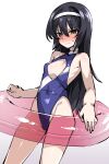  1girl absurdres bare_shoulders black_hair blush breasts brown_eyes girls_und_panzer hairband harigane_shinshi highres innertube long_hair one-piece_swimsuit reizei_mako simple_background small_breasts solo sweatdrop swimsuit white_background 