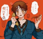  1boy axis_powers_hetalia bandage_on_finger bandages bandaid bandaid_on_neck food furrowed_brow gakudayo injury looking_at_viewer male_focus northern_italy_(hetalia) open_mouth orange_background phone pizza pizza_slice solo sweatdrop talking_on_phone 