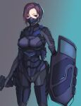  1girl 3_small_spiders absurdres bodysuit breasts commentary eyebrows_visible_through_hair feet_out_of_frame gun handgun highres holding holding_gun holding_shield holding_weapon looking_at_viewer mask medium_breasts original pistol purple_eyes purple_hair shield short_hair simple_background solo standing weapon 