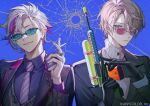  2boys black_gloves blue_eyes bullet_hole cigarette ear_piercing earrings formal fuwa_minato glasses gloves highres holding holding_weapon jewelry kaida_haru lapel_pin lighter looking_at_viewer male_focus mebaru multicolored_hair multiple_boys necktie nijisanji official_art piercing pink_hair purple_hair ring short_hair streaked_hair striped_necktie stud_earrings suit sunglasses super_soaker tinted_eyewear upper_body virtual_youtuber water_gun watermark weapon white_hair white_necktie 