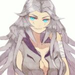  1girl blue_eyes bodysuit breasts cleavage collarbone genderswap genderswap_(mtf) grey_bodysuit grey_hair large_breasts long_hair looking_to_the_side megatron megatron_(prime) personification sharp_teeth smile solo strawberrybit teeth transformers transformers_prime very_long_hair 