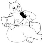  2022 anthro big_breasts black_and_white book boss_monster bovid breasts caprine crossed_legs duo eyewear face_in_breasts female fisherneph glasses goat hand_on_another&#039;s_head hi_res holding_book holding_object horn huge_breasts larger_anthro larger_female male male/female mammal monochrome simple_background sitting size_difference smaller_male toriel undertale undertale_(series) video_games white_background 