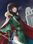  1girl belt black_hair blurry breasts brown_eyes cape depth_of_field dress earrings fingerless_gloves fire_emblem fire_emblem:_thracia_776 fire_emblem_heroes fur_trim gloves gold_trim green_dress green_gloves hair_ornament haru_(nakajou-28) highres holding holding_sword holding_weapon jewelry large_breasts long_sleeves mareeta_(fire_emblem) necklace night night_sky official_alternate_costume pelvic_curtain red_cape skin_tight sky solo sword weapon 