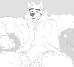  anthro big_bulge bulge canid canine canis clothing dreamworks grandall_(artist) hi_res male mammal monochrome mr._wolf_(the_bad_guys) sketch smile solo the_bad_guys underwear wolf 