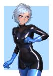  1girl absurdres blue_eyes blue_gloves blue_legwear blush bodysuit borrowed_character commission freckles gloves grey_hair highres kilye_kairi latex latex_bodysuit looking_to_the_side original short_hair skeb_commission skindentation smile solo 