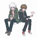  2boys bangs black_pants brown_eyes brown_hair brown_jacket bullet closed_mouth collarbone danganronpa:_trigger_happy_havoc danganronpa_(series) danganronpa_2:_goodbye_despair green_hoodie grey_hair grey_shirt hair_between_eyes harami_(qz48lr) hood hood_down hoodie invisible_chair jacket komaeda_nagito looking_at_viewer medium_hair multiple_boys naegi_makoto open_clothes open_jacket pants print_shirt red_footwear shirt shoes short_hair sitting smile 