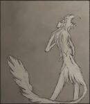  alum ambiguous_gender body_fur bottom_view darklum999 fur hi_res humanoid humanoid_face long_tail male not_furry paper solo traditional_media_(artwork) unknown_species white_body white_fur 