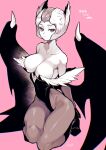  1girl bare_shoulders breasts cleavage collarbone copyright_request demon_girl demon_wings greyscale greyscale_with_colored_background highres kneeling large_breasts leotard looking_at_viewer monochrome pantyhose pink_background short_hair simple_background solo takatsuki_ichi wings 