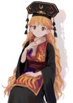  1girl black_dress blonde_hair chinese_clothes dress drop_shadow feet_out_of_frame hat highres himuhino junko_(touhou) light_blush long_hair long_sleeves looking_to_the_side nail_polish red_eyes sash sitting smile solo tabard tassel touhou very_long_hair wide_sleeves 