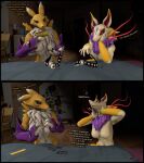  3d_(artwork) anthro armwear bandai_namco black_nose black_sclera blue_eyes breasts bridal_gauntlets canid canine claws clothing collar comic dialogue digimon digimon_(species) digital_media_(artwork) dipstick_ears duo english_text exclamation_point eyebrows facial_markings featureless_breasts female fox group head_markings hi_res holding_card human inside kespr kyubi_(yo-kai_watch) looking_at_another male mammal markings meme mostly_nude multicolored_body multicolored_ears muscular muscular_male neck_tuft nude open_mouth paper_bag reading renamon shoulder_tuft standing teeth text tongue trio tuft two_tone_body until_it_snaps video_games white_body yellow_body yellow_eyes yin_yang yo-kai_watch 