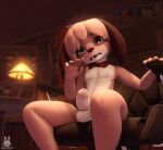  absurd_res animal_crossing anthro balls blush brown_body brown_fur canid canine canis casual_nudity chair digby_(animal_crossing) domestic_dog erection foreskin fur furniture genitals hi_res humanoid_genitalia humanoid_penis looking_at_viewer male mammal nintendo nude patcheeks penis sitting solo video_games white_body white_fur 