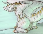  2022 anus balls biped claws digital_media_(artwork) dragon feral genitals horn male membrane_(anatomy) membranous_wings perineum puffy_anus scales scalie simple_background solo teavern toe_claws western_dragon white_background white_body white_scales wings yellow_body yellow_scales 