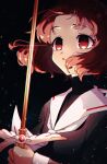  1girl absurdres black_background brown_eyes brown_hair cardcaptor_sakura empty_eyes highres mind_control nzeneee sailor_collar sasaki_rika school_uniform serafuku short_hair solo sword sword_(clow_card) tomoeda_elementary_school_uniform upper_body weapon white_sailor_collar 