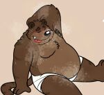  2022 anthro belly big_belly black_nose blush bodily_fluids brown_body brown_fur clothing eyes_closed felid fur hi_res jakegr male mammal musk overweight overweight_male simple_background sitting solo sweat tongue tongue_out underwear 