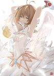  1girl absurdres antenna_hair armpits brown_eyes brown_hair cardcaptor_sakura cowboy_shot dress feathers hatsuzuki_527 highres kero kinomoto_sakura looking_at_viewer short_hair solo white_background white_dress white_wings wings 