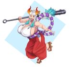  absurd_res big_breasts breasts club_(weapon) female hi_res holding_club holding_melee_weapon horn horned_humanoid huge_breasts humanoid looking_at_viewer looking_back looking_back_at_viewer melee_weapon nipple_outline not_furry solo sundown_(artist) weapon yamato_(one_piece) 