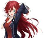  1girl bangs black_jacket blue_eyes breasts celis_ortesia cleavage collar covering_mouth eiyuu_densetsu fingerless_gloves gloves hakuleg hand_over_own_mouth jacket kuro_no_kiseki long_hair long_sleeves one_eye_closed red_gloves red_hair red_shirt shirt stretch tears white_background yawning 