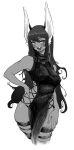  1girl :d aeyga animal_ears bangs bare_arms bare_shoulders black_dress black_hair blush china_dress chinese_clothes covered_nipples cowboy_shot cross-laced_clothes dark-skinned_female dark_skin dress earrings english_commentary greyscale hand_on_hip jewelry long_hair looking_at_viewer monochrome nipples no_bra open_mouth original rabbit_ears rabbit_girl simple_background smile solo swept_bangs teeth thigh_strap upper_teeth white_background 