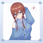  absurdres bad_id bad_pixiv_id blue_eyes blush border brown_hair go-toubun_no_hanayome heart highres nakano_miku off_shoulder open_mouth ponytail simple_background sleeves_past_wrists speech_bubble sweater turtleneck turtleneck_sweater utakise315 