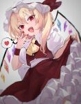  1girl absurdres ascot blonde_hair blood blood_on_face blood_on_hands collared_shirt crystal fangs flandre_scarlet frilled_skirt frills hat hat_ribbon heart highres kani_nyan looking_at_viewer mob_cap one_side_up open_mouth red_eyes red_ribbon red_skirt red_vest ribbon shirt short_hair simple_background skirt solo touhou vampire vest white_background white_shirt wings yellow_ascot 