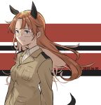  1girl animal_ears blue_eyes breast_pocket brown_hair cowboy_shot dated dog_ears dog_tail edytha_neumann flag_background from_side glasses highres light_smile okeke_power_nishiko pocket shirt smile solo tail uniform white_background white_shirt world_witches_series 