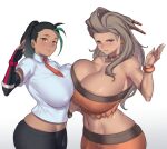  aster_crowley bangs bare_shoulders black_hair blush breasts brown_hair cleavage collarbone dark-skinned_female dark_skin green_hair grey_eyes hair_pulled_back highres large_breasts long_hair looking_at_viewer multicolored_hair navel nemona_(pokemon) orange_eyes orange_shorts pokemon pokemon_(game) pokemon_sv ponytail sada_(pokemon) shorts smile streaked_hair thighs 