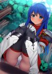  1girl absurdres armor backlighting bangs black_legwear blue_eyes blue_hair blue_sky blush boots breastplate bush caeda_(fire_emblem) cameltoe closed_mouth cloud commentary_request day dress dutch_angle elbow_gloves embarrassed fire_emblem fire_emblem:_mystery_of_the_emblem forest gloves hands_on_own_knees have_to_pee highres knee_boots knees_together_feet_apart long_hair looking_down natsuki_shuri nature outdoors panties pantyshot pegasus red_dress shiny shiny_hair short_dress short_sleeves shoulder_armor sidelocks sky solo squatting textless_version thighhighs tree underwear upskirt white_footwear white_gloves white_panties 