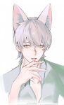  1boy animal_ear_fluff animal_ears bangs blood blood_on_face blood_on_hands collared_shirt copyright_request cuts denpa0304 extra_ears fox_ears grey_hair grey_shirt hand_up highres injury licking licking_finger looking_at_viewer male_focus pectoral_cleavage pectorals portrait scar scar_on_face scar_on_nose shirt short_hair simple_background solo tongue tongue_out white_background yellow_eyes 