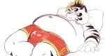  2022 anthro belly big_belly blush bulge clothing eyewear felid glasses kemono licho_(tas) lifewonders lying male mammal moobs navel nipples overweight overweight_male pantherine pillow pink_nose pon_ju_su050822 solo tiger tokyo_afterschool_summoners underwear video_games white_body 
