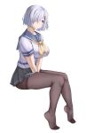  1girl absurdres between_legs black_legwear black_skirt blue_eyes blue_sailor_collar breasts closed_mouth full_body grey_hair hair_ornament hair_over_one_eye hairclip hamakaze_(kancolle) hand_between_legs heel_up highres invisible_chair kaijiba kantai_collection large_breasts looking_at_viewer neckerchief pantyhose sailor_collar school_uniform serafuku shirt short_hair short_sleeves sitting skirt solo thighband_pantyhose toes white_background white_shirt yellow_neckerchief 