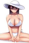  1girl absurdres atjane bangs bikini black_hair breasts hat highres huge_breasts komi-san_wa_komyushou_desu komi_shouko large_breasts simple_background sitting solo swimsuit underwear white_bikini 