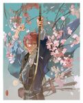  1boy archery arms_up arrow_(projectile) bangs beads border bow_(weapon) branch closed_mouth dappled_sunlight drawing_bow ensemble_stars! flower frown full_moon fur_trim gradient_sky highres holding holding_bow_(weapon) holding_weapon long_sleeves looking_away male_focus moon pink_flower plant purple_eyes quiver red_hair robe short_hair shuyu08382645 sideways_glance sky solo sunlight suou_tsukasa upper_body weapon wind 
