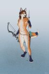  anthro arrow blue_sclera bottomwear bow_(weapon) breasts canid canine clothing digitigrade featureless_breasts female fox heterochromia hi_res loincloth mammal melee_weapon polearm quiver ranged_weapon red_sclera solo spear titusw weapon 