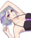  1girl alternate_costume aqua_hair bangs bare_shoulders black_tank_top breasts collarbone contender_(girls&#039;_frontline) danxing_aipangzi eyebrows_visible_through_hair girls&#039;_frontline highres looking_at_viewer lying multicolored_hair on_back open_mouth purple_eyes short_hair small_breasts solo streaked_hair tank_top upper_body white_background 