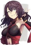  1girl black_hair blue_eyes breasts clothing_cutout commentary detached_sleeves fate/grand_order fate_(series) fingerless_gloves gloves green_eyes hephaestion_(fate) heterochromia highres medium_breasts sakahoko smile stomach_cutout v 