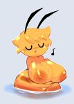  2022 antennae_(anatomy) anthro arthropod bathing bee belly big_breasts big_butt blush breasts butt cupping_breasts digital_drawing_(artwork) digital_media_(artwork) eyes_closed female genitals hair hi_res huge_breasts hymenopteran insect musical_note nipples nude open_mouth overweight partially_submerged pussy simple_background sleepysous slightly_chubby smile solo thick_thighs tuft water wet 