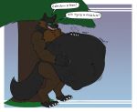  abdominal_bulge after_vore anthro belly big_belly canid canine canis dialogue green_eyes hi_res huttsergreywolf male mammal plant same_size_vore sharp_teeth teeth tongue tree vore wolf 