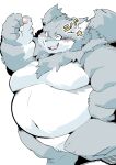  2022 anthro belly big_belly biped black_nose blush canid canine grey_body hi_res humanoid_hands kemono mammal navel obese one_eye_closed overweight sigenoya simple_background solo takotyutyu wink 