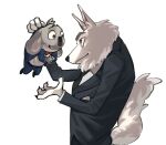  anthro arctic_wolf bow_tie buster_moon canid canine canis clothing dududud_duu duo fluffy holding_person illumination_entertainment jimmy_crystal koala larger_male male mammal marsupial neck_tuft necktie simple_background sing_(movie) size_difference smaller_male standing suit tuft vombatiform white_background wolf 