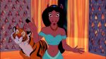  black_hair disney disney&#039;s_aladdin disney_princess duo edited_screencap equid equine felid feline female hair hi_res horse hulksmash31 hulksmash31_(artist) looking_at_viewer mammal mid_transformation pantherine princess_jasmine_(disney) rajah_(disney) surprise tiger transformation 